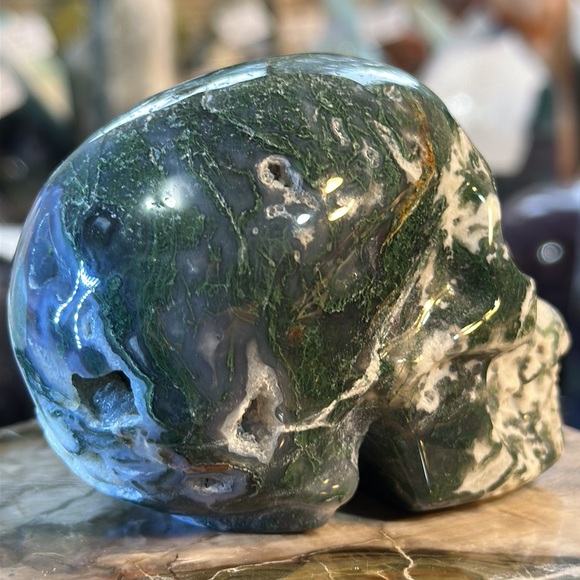 Moss Agate Crystal Skull Carving With Druzy! - Picture 5 of 9